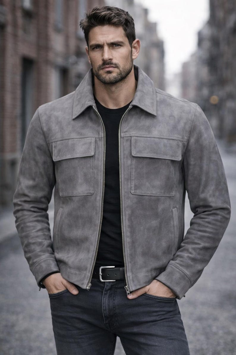 Pu&ograve; includere: Giacca in camoscio grigio con zip, due tasche sul petto e colletto. Indossata sopra una maglietta nera e abbinata a jeans scuri e una cintura nera.