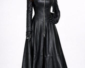 Vestido largo de piel de cordero auténtica para mujer, elegante y con estilo.