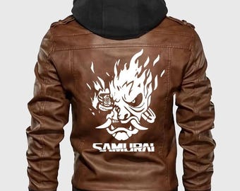 Chaqueta samurái Cyberpunk 2077/Chaqueta bomber de cuero marrón, disfraz de cosplay para hombre