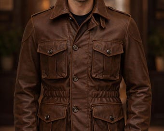 Chaqueta de campo de piel de oveja para hombre, estilo militar marrón, con bolsillos utilitarios