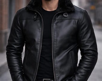 Chaqueta Bomber B3 de piel de oveja negra para hombre, estilo aviador de invierno