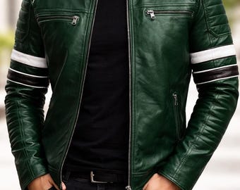Chaqueta bomber biker de piel de cordero auténtica verde para hombre, estilo artesanal.
