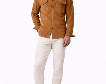 Chaqueta estilo camisa de ante marrón para hombre, estilo informal.
