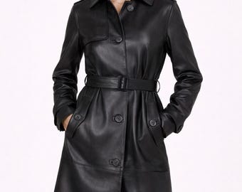 Gabardina larga estilo motero de piel de cordero pura negra para mujer
