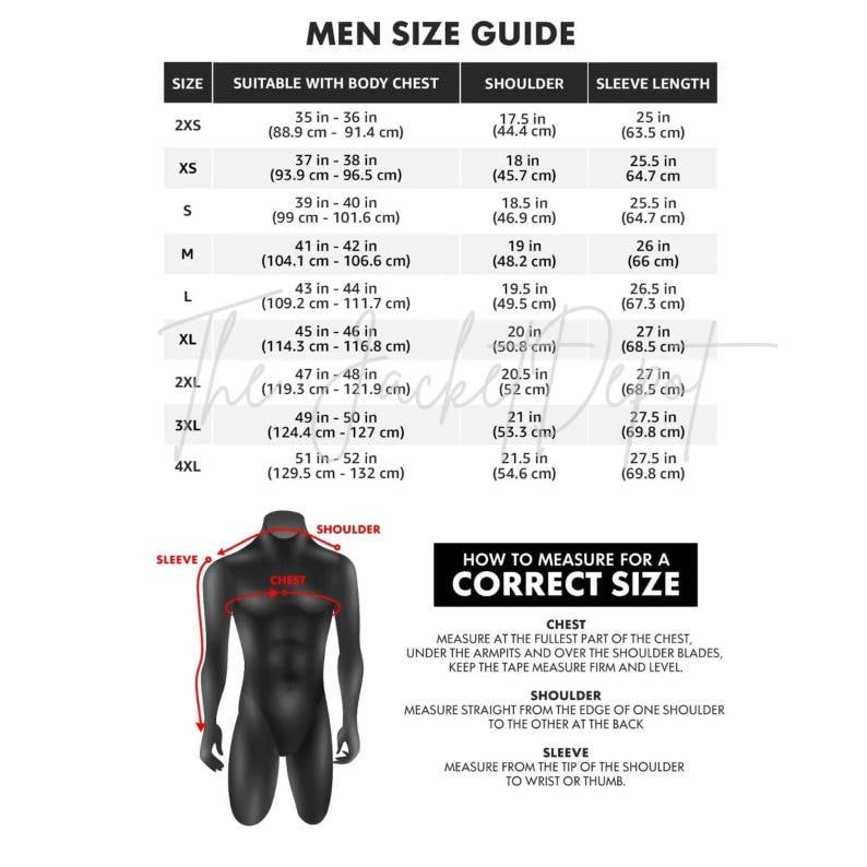 Puede incluir: Una gu&iacute;a de tallas para hombres con medidas en pulgadas y cent&iacute;metros. La gu&iacute;a incluye medidas de pecho, hombros y largo de manga para las tallas 2XS a 4XL. Un maniqu&iacute; ilustra c&oacute;mo medir para una talla correcta.