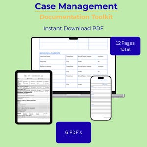 May include: A digital documentation toolkit for case management, featuring a laptop, tablet, and smartphone displaying forms. The image includes the text "Case Management Documentation Toolkit" and "Instant Download PDF". There are 6 PDFs and 12 total pages.