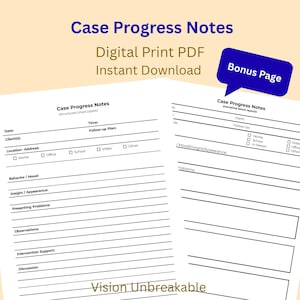 May include: A digital PDF document titled "Case Progress Notes" with structured lined layers and a narrative block layout. The document includes fields for client information, time, and follow-up plans. A blue speech bubble reads "Bonus Page".
