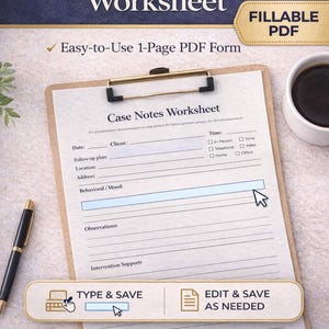 Può includere: Un modello di foglio di lavoro per le note del caso compilabile per assistenti sociali e case manager. Il foglio di lavoro è su un appunti con una penna e una tazza di caffè. Il foglio di lavoro include campi per data, cliente, piano di follow-up, posizione, indirizzo, comportamento/umore, osservazioni e supporti all'intervento.