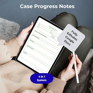 May include: A digital tablet displaying a "Case Progress Notes" template with green lines and text. A speech bubble reads "Fully Editable Google Docs." A blue oval at the bottom says "4 in 1 System."