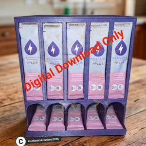 May include: A purple wooden organizer filled with pink and white packets labeled "WAKEWATER +PLUS". The packets are arranged in rows, with the text "Digital Download Only" overlaid in red. The organizer has a curved design.