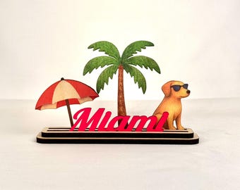Personalized Miami Souvenir Wood Decor, Handmade Coastal Home Decor, Palm Tree Beach Umbrella and Dog Tropical Gift