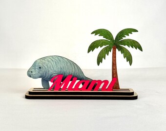 Personalized Miami Souvenir Wood Decor, Handmade Coastal Home Decor, Manatee and Palm Tree Tropical Gift