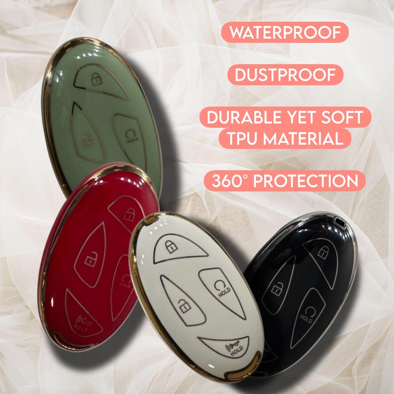 May include: Four car key fobs in green, red, white, and black, each with a gold trim. The fobs have white icons for lock, unlock, and hold functions. Text on the image reads "Waterproof", "Dustproof", "Durable Yet Soft TPU Material", and "360&deg; Protection".