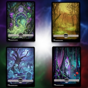 May include: Four fantasy art cards with gothic themes. Each card depicts a different scene: a haunted gate, a misty swamp, a graveyard, and a mystical forest. Each card has a skull and crossbones symbol and the text "2025 WORLDHOPPER ARCHIVES".