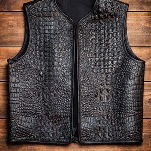 May include: A black leather vest with a crocodile skin texture. The vest has a V-neck and a zip closure down the front. The vest is sleeveless and appears to be made of high-quality leather. The background is a wooden surface.