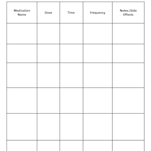 Puede incluir: Un registro semanal de medicamentos en blanco y negro con el título "Weekly Medication Log". El registro incluye columnas para el nombre del medicamento, la dosis, la hora, la frecuencia y las notas/efectos secundarios. El registro está diseñado para rastrear la ingesta de medicamentos.