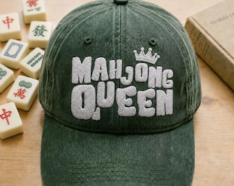 Chapeau brodé Mahjong Queen, Mahjong With Mahgirl brodé, Casquette de baseball verte vintage, Cadeau sarcastique pour elle