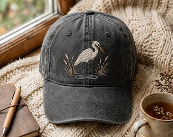 Casquette en coton lavé brodée d'un héron, style bohème, motif oiseau, casquette brodée pour les amoureux des animaux, casquette vintage