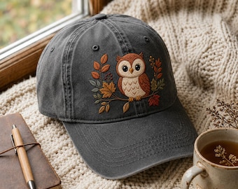 Casquette brodée hibou d'automne, chapeau oiseau de la forêt mignon, cadeau animal sage, casquette de baseball pour amoureux de la nature