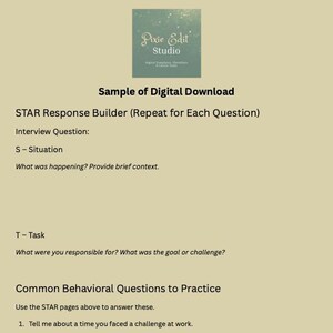 May include: Digital download sample from Pixie Edit Studio. The document includes STAR Response Builder instructions, interview questions, and common behavioral questions to practice. The text is in black on a beige background.