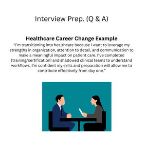 May include: Image with the text "Interview Prep. (Q & A)" and "Healthcare Career Change Example". It shows a man and woman at a table, likely in an interview setting. The text provides an example of a career change statement.