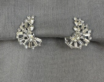 Vintage Baguette Rhinestone Crescent Clip On Earrings