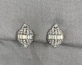 Vintage Glam Large Dome Baguette & Chaton Rhinestone Clip On Statement Earrings