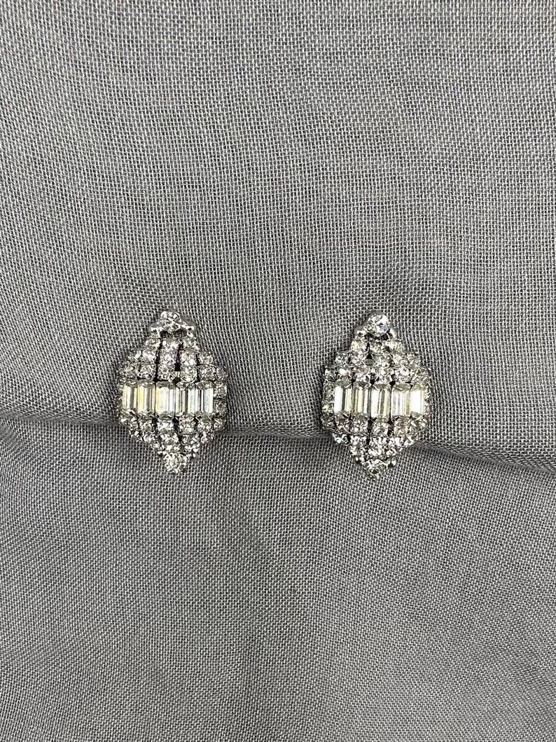 Vintage Glam Large Dome Baguette & Chaton Rhinestone Clip On Statement Earrings image 1