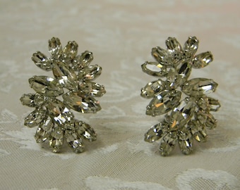 Large Vintage Marquis Rhinestone Swag Clip On Earrings