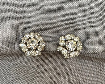 Vintage Button Rhinestone Cluster Clip On Earrings