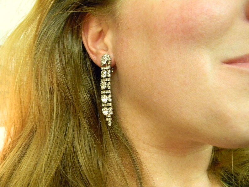 Vintage Cascading Rhinestone Stud Clip on Earrings Etsy