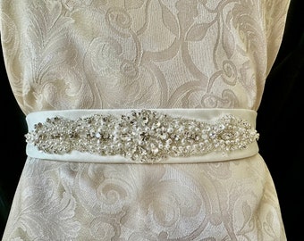 Wedding Bridal Ivory Silk Sparkly Embroidered Sash Belt