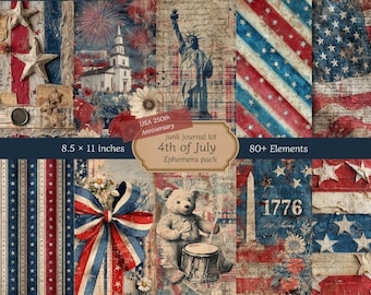 May include: A collage of patriotic-themed ephemera for a junk journal kit. The design includes images of the Statue of Liberty, American flags, stars, and a teddy bear. The kit is 8.5 x 11 inches and includes over 80 elements. The text reads "4th of July" and "USA 250th Anniversary".