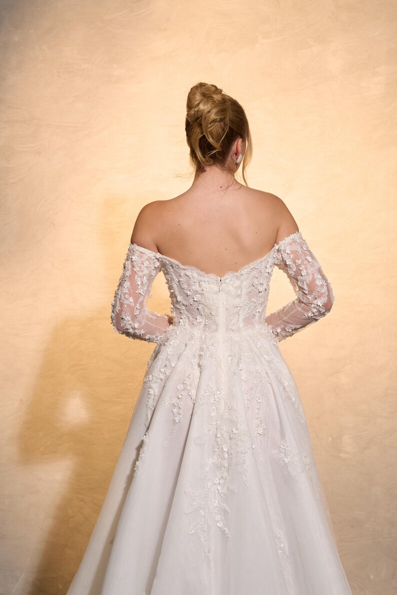 Off Shoulder A Line Wedding Dress With Long Lace Sleeves and Beaded ...
