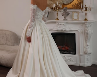 Regina Royal Lace Wedding Dress with Long Sleeves, Elegant Satin Bridal Gown