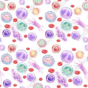 May include: A repeating pattern of watercolor illustrations of various blood cells, including red blood cells, lymphocytes, and neutrophils, in shades of red, purple, green, and yellow on a white background.