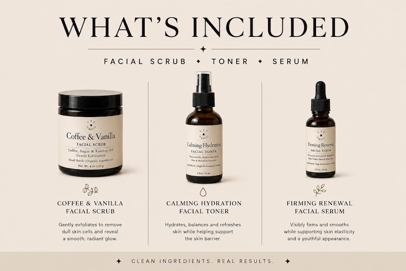 May include: A skincare set featuring a Coffee & Vanilla facial scrub in a 4 oz jar, a Calming Hydration facial toner in a 4 fl oz spray bottle, and a Firming Renewal facial serum in a 1 fl oz dropper bottle, all displayed with product labels.