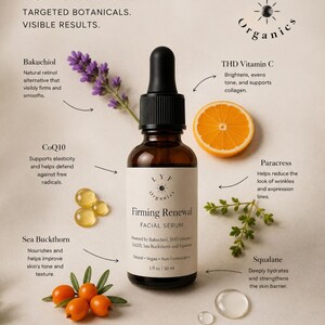 May include: A brown glass bottle of "Firming Renewal Facial Serum" with a black dropper, surrounded by botanical illustrations. The label includes "LYF Organics" and product details. The image also features text about ingredients and benefits.