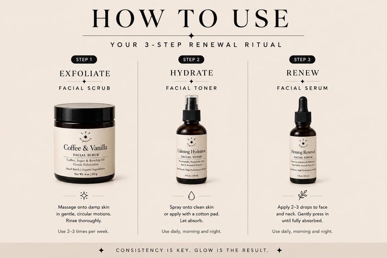 May include: A three-step skincare set featuring a jar of Coffee & Vanilla Facial Scrub, a bottle of Calming Hydration Facial Toner, and a bottle of Firming Renewal Facial Serum. The graphic includes instructions for use, product names, and net weights.
