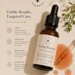May include: A brown glass bottle of "Firming Renewal Facial Serum" with a black dropper, next to a pipette and serum droplets. The label reads "LYF Organics". The text on the bottle says it is powered by Bakuchiol, THD Vitamin C, CoQ10, Sea Buckthorn and Squalane. 1 fl oz | 30 ml.