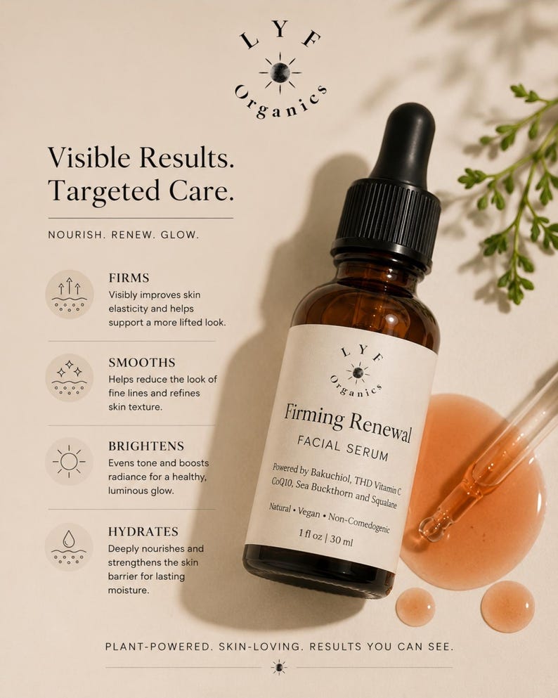 May include: A brown glass bottle of "Firming Renewal Facial Serum" with a black dropper, next to a pipette and serum droplets. The label reads "LYF Organics". The text on the bottle says it is powered by Bakuchiol, THD Vitamin C, CoQ10, Sea Buckthorn and Squalane. 1 fl oz | 30 ml.