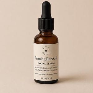 May include: A brown glass bottle of LYF Organics Firming Renewal Facial Serum. The bottle has a black dropper and a white label with product information. The label states the serum contains Paracress Infusion & Bakuchiol and is 1 fl oz / 30 ml.