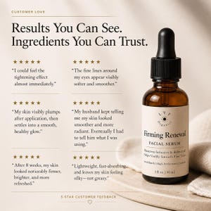 May include: An amber glass bottle of LYF Organics Firming Renewal facial serum with a black dropper cap. The label reads: Firming Renewal, Facial Serum, Paracress Infusion & Bakuchiol, 1 fl oz | 30 ml. Text on the left displays customer reviews.