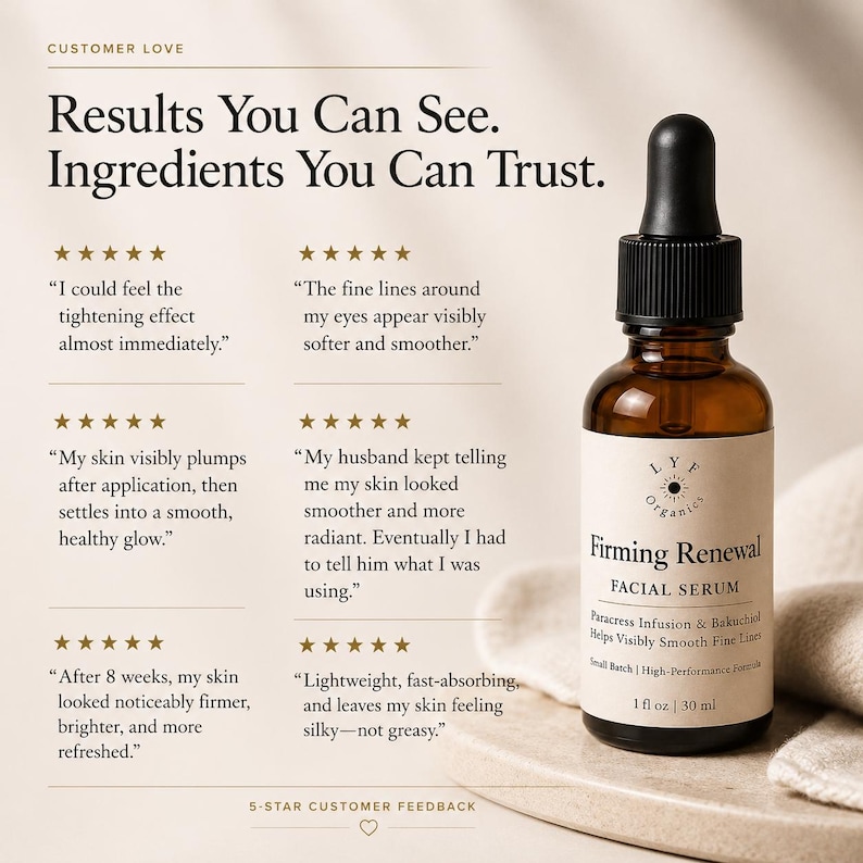May include: An amber glass bottle of LYF Organics Firming Renewal facial serum with a black dropper cap. The label reads: Firming Renewal, Facial Serum, Paracress Infusion & Bakuchiol, 1 fl oz | 30 ml. Text on the left displays customer reviews.