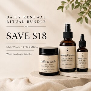 May include: A skincare bundle featuring a 4 oz Coffee & Vanilla facial scrub jar, a 4 fl oz Calming Hydration facial toner spray bottle, and a 1 fl oz Firming Renewal facial serum dropper bottle, all with cream labels and black caps.