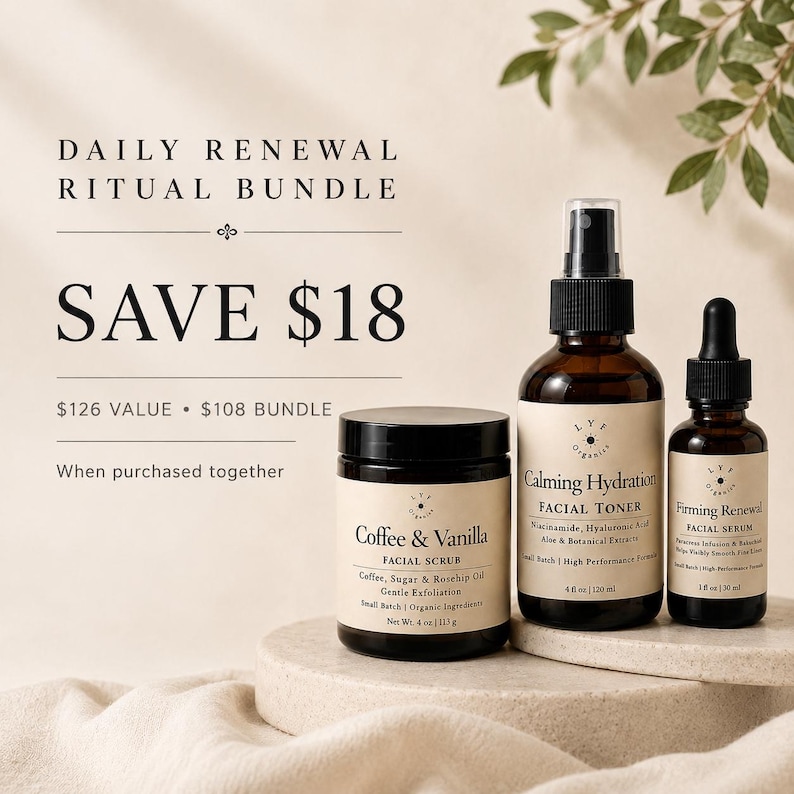 May include: A skincare bundle featuring a 4 oz Coffee & Vanilla facial scrub jar, a 4 fl oz Calming Hydration facial toner spray bottle, and a 1 fl oz Firming Renewal facial serum dropper bottle, all with cream labels and black caps.