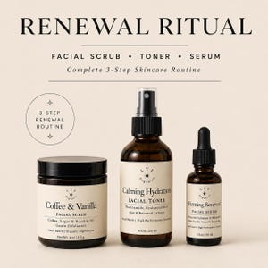 May include: A 3-step skincare set labeled Renewal Ritual including a 4 oz Coffee & Vanilla facial scrub, a 4 fl oz Calming Hydration facial toner with niacinamide and hyaluronic acid, and a 1 fl oz Firming Renewal facial serum with bakuchiol.