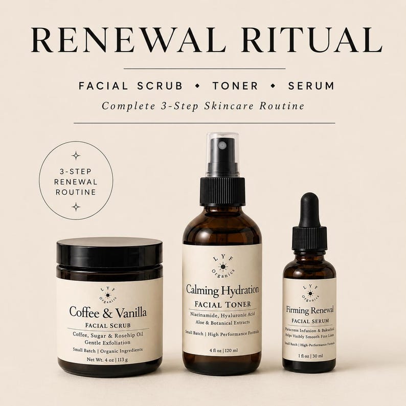 May include: A 3-step skincare set labeled Renewal Ritual including a 4 oz Coffee & Vanilla facial scrub, a 4 fl oz Calming Hydration facial toner with niacinamide and hyaluronic acid, and a 1 fl oz Firming Renewal facial serum with bakuchiol.