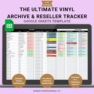 Puede incluir: Una pantalla de portátil muestra una plantilla de Google Sheets para el archivo y reventa de vinilos. La interfaz incluye columnas para detalles del álbum y estado del medio. El diseño incluye el texto "Edición 2026" y "Diseñado por un analista financiero."