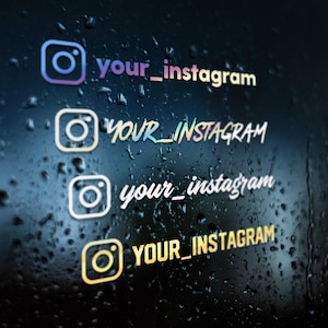 May include: Four Instagram logo stickers with the text "your_instagram" in various colors and fonts. The stickers are iridescent and appear to be on a dark, wet surface. The Instagram logo is a square with a camera icon.